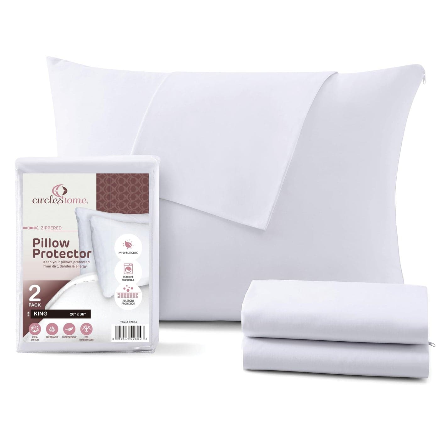 King Size Pillow Protector 100% Cotton - Zippered, Breathable & Quiet (2 Pack) White Pillow Covers Protects from Dirt, Debris (King - Set of 2 - 20x36)