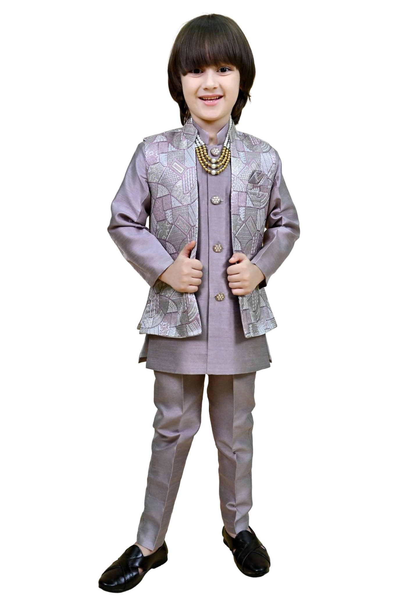 AHHAAAA Kids Ethnic Zari Work Indo-Western Kurta, Payjama and Waistcoat|3-Piece Set with Maala For Boys |Lavender 8-9 Years|