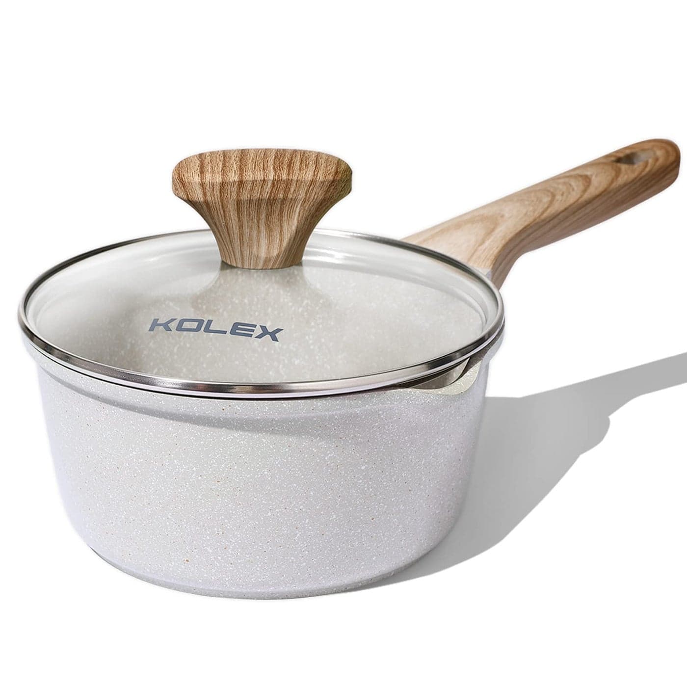 KOLEX 2 Quart Nonstick Granite Saucepan With Lid All Stove Top Milk Pan with Pour Spouts PFOA Free Induction Compatible White Granite 2 Qt