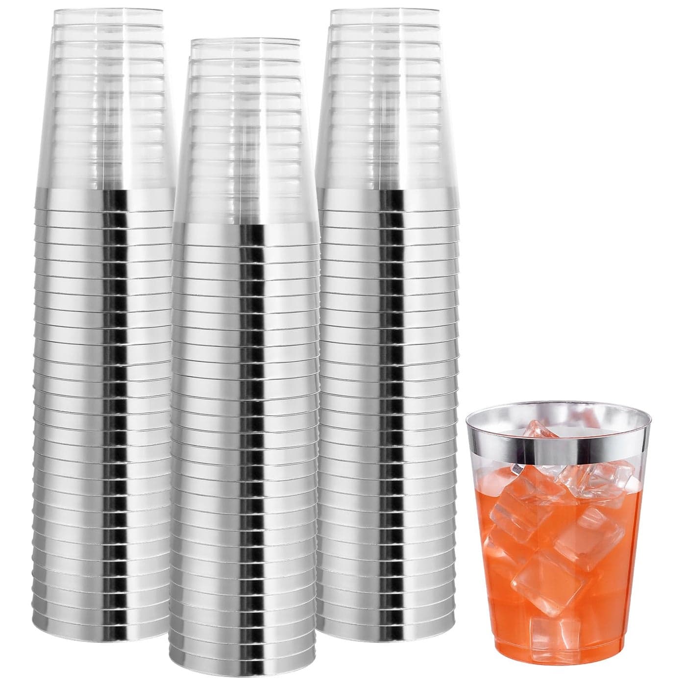 I00000 100PCs Silver Plastic Cups 10 oz Clear with Silver Trim HeavyDuty Disposable Hard Plastic Cups for Party Wedding