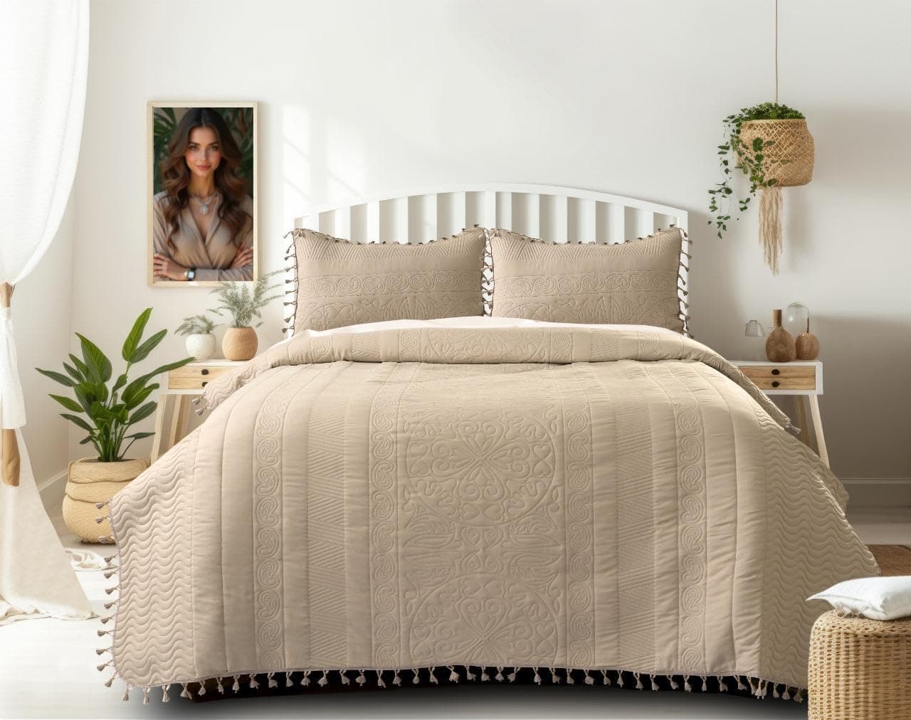 Furnistitchs Solid Quilted Bed Cover King Size 230x250 cm with Tassels – Premium Luxury Bedspread Bedsheet/Comforter with 2 Pillow Covers – Soft & Stylish Bedding for All Seasons (Beige)