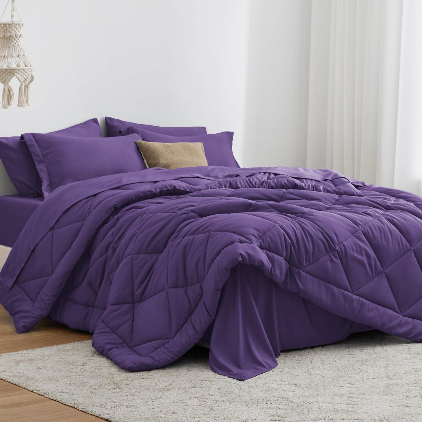 Loves cabin King Size Comforter Set Purple 7 Pieces King Bed in a Bag All Season Bedding Sets with 1 Comforter 1 Flat Sheet 1 Fitted Sheet 2 Pillowcase and 2 Pillow Sham