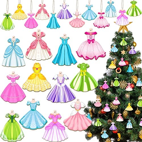 Amyhill 24 Pieces Princess Dress Ornaments for Christmas Tree Wooden Princess Hanging Ornaments for Christmas with Rope Xmas Gifts for Girls Party Supplies Decorations