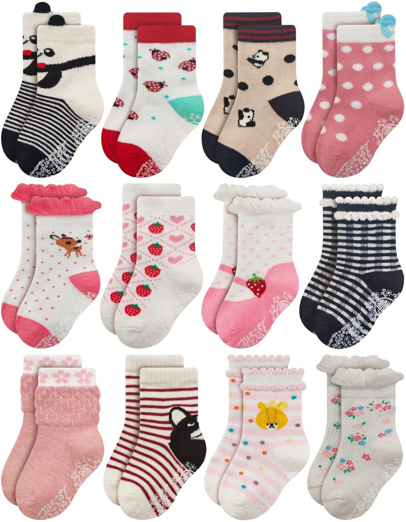 RATIVE Non Skid Anti Slip Cotton Dress Crew Socks With Grips For Baby Infant Toddler Kids Girls (0-6 Months, 12-pairs/RG-93x)