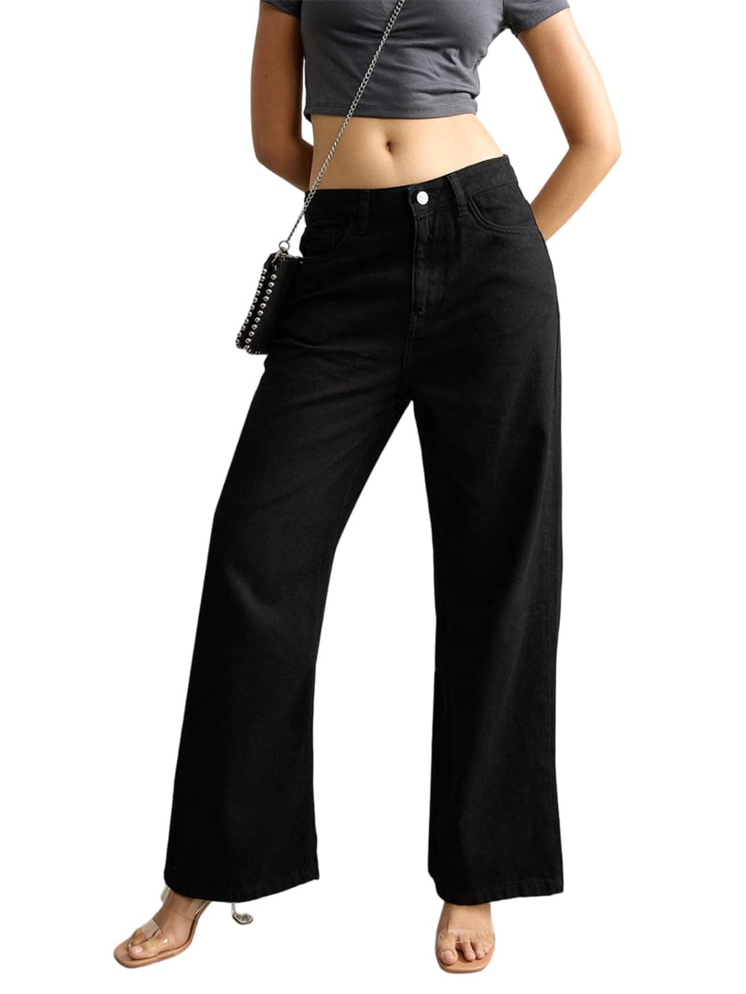 KOTTY Women's Solid High Rise Stylish Looking Comfortable Stretchable Jeans(Black,30)