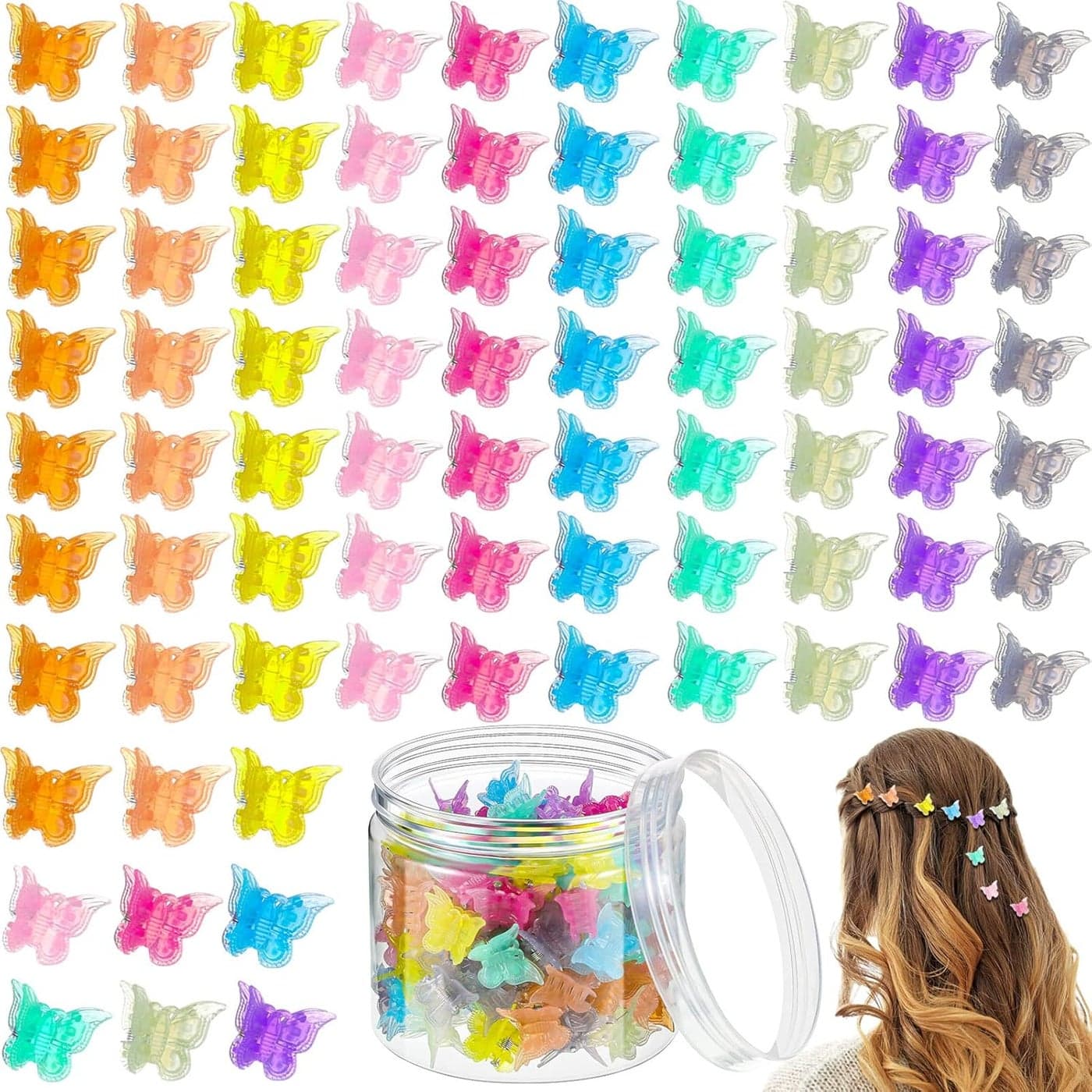 100 Pieces Butterfly Hair Clips with Box Cute Mini Clips and Hair Accessories for Women Jelly Color