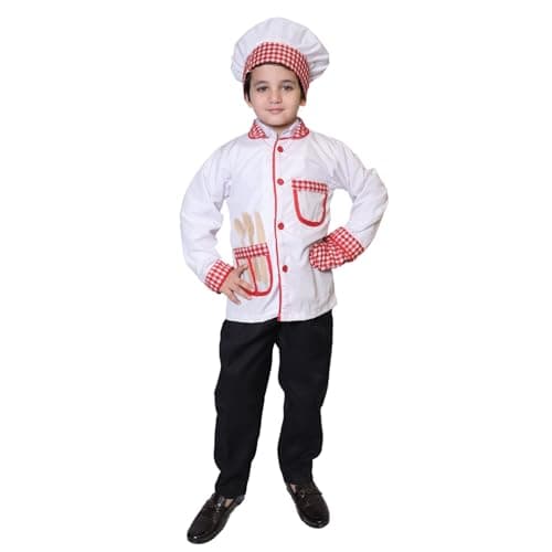 Kaku Fancy Dresses Chef Costume for Boys | Community Helper Cooking Role Play Fancy Dress Outfit | Chef Boy Costume Set with Dress, Hat, Wooden Spoon & Gloves - 7-8 Years