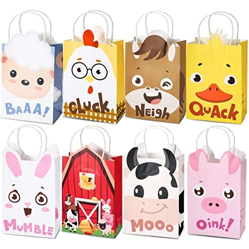 Tallew 24 Pack Farm Animal Party Favor Bags with Handles Farm Barnyard Treat Goodie Bags Kraft Paper Candy Gift Party Supplies for Kids Birthday Baby Shower Supplies Decorations