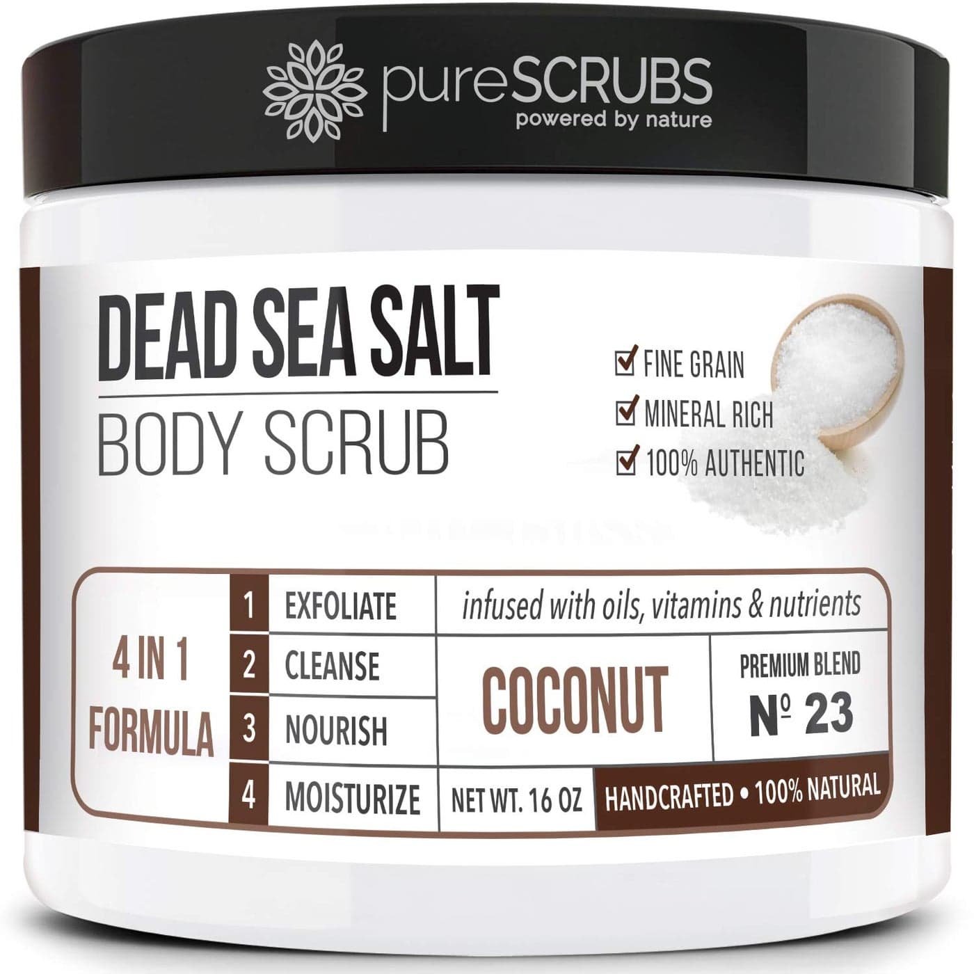 pureSCRUBS Premium Coconut Body Scrub Set Large 16oz Dead Sea Salt Body Scrub With Infused Essential Oils Nutrients Includes Wooden Spoon Loofah Oatmeal Exfoliating Bar Soap