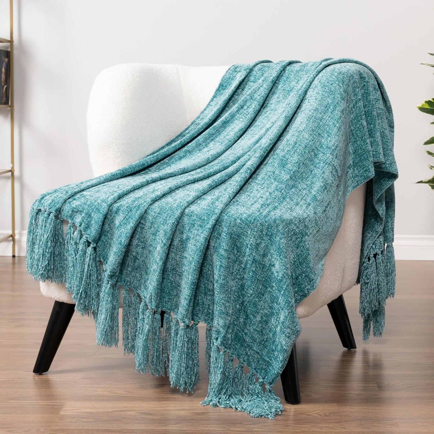 PAVILIA Teal Green Throw Blanket for Couch Soft Chenille Knit Woven Turquoise With Tassel Decorative for Sofa Bed Chair Living Room 50x60