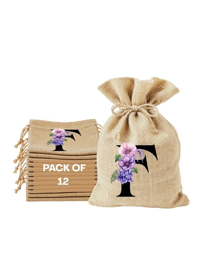 Alphabet Floral Initial Burlap Gift Bags Pack of 12 | Jute Drawstring Pouches | Reusable Favor Bags | 17 x 23 cm”