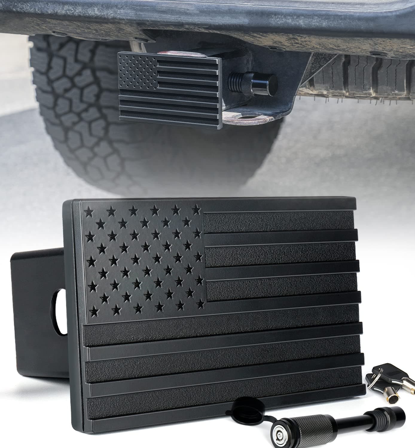 Xprite Aluminum Trailer Hitch Cover Heavy Duty 2 Inch Tow Hitch Receivers Plug Cover with Pin Locks American Flag Metal Emblem Compatible with Pickup SUV Jeep Cars Trucks Accessories Black