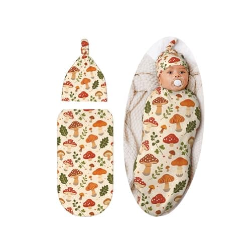 Cute Mushroom Swaddle Blanket Hat Set for Boys Girls Soft Floral Newborn Swaddle Wrap Receiving Blanket Shower Gift