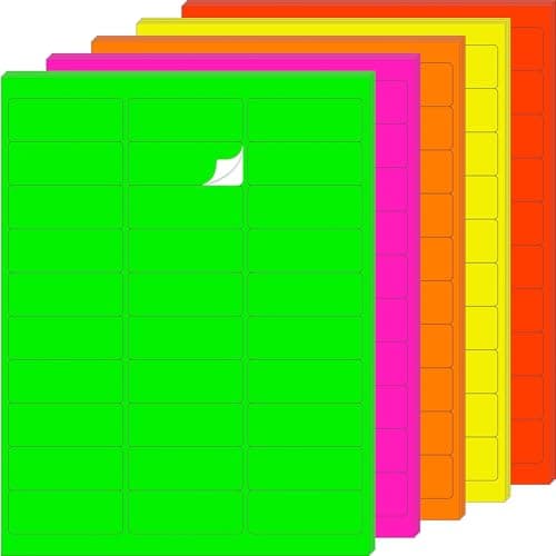 YSHIHE 1" x 2-5/8" Fluorescent Address Labels 5 Colors Neon Stickers for Inkjet or Laser Printer Moving Lables for Shipping Envelopes Envelopes and Organization - 20 Sheets 600 PCS