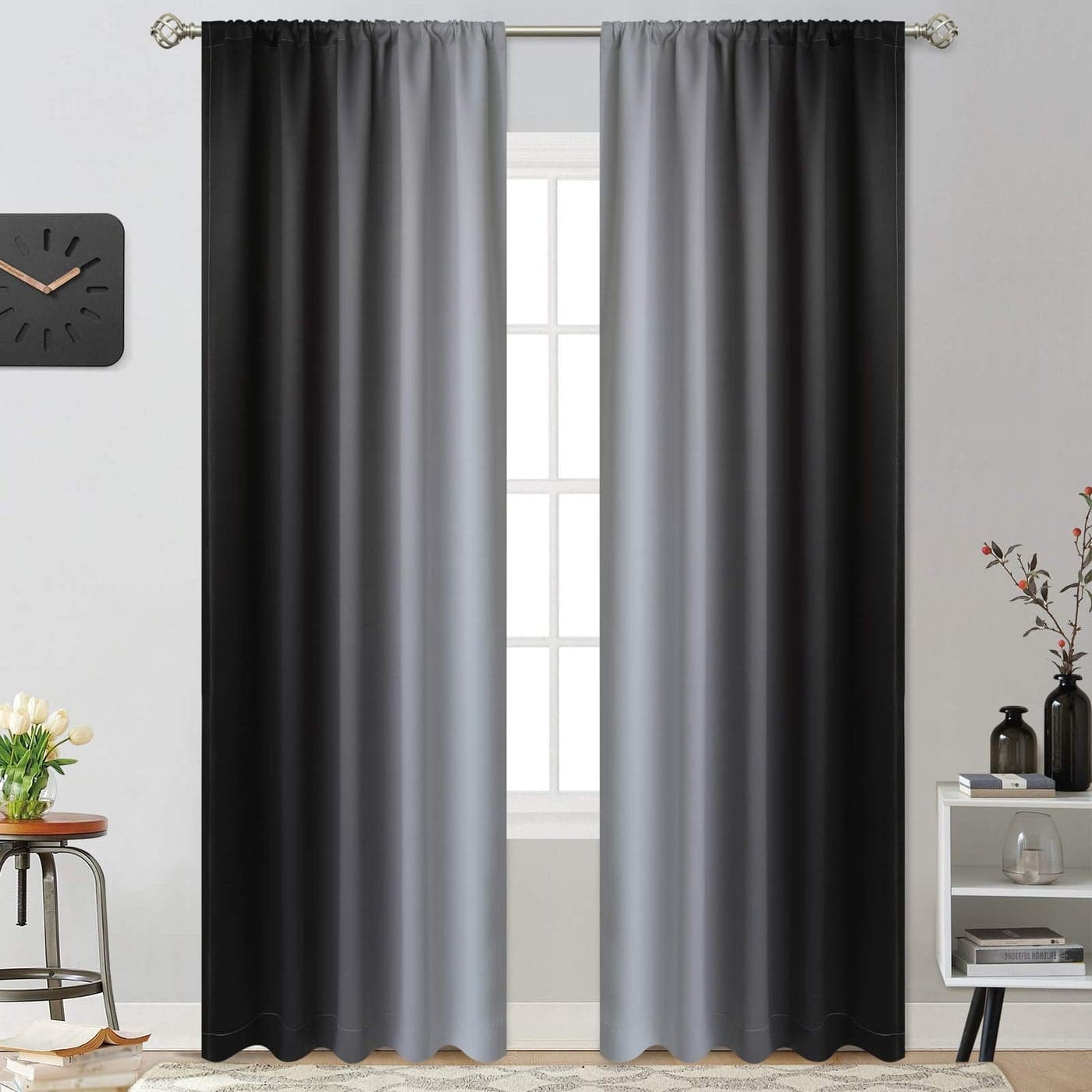 Yakamok 84 Inch Length Room Darkening Ombre Curtains for Bedroom Rod Pocket Light Blocking Thermal Insulated Gradient Color Curtains for Living RoomBlack and Greyish White 2 Panels52W x 84L Inch