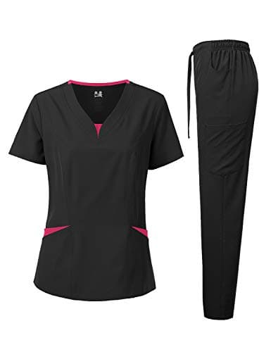 Dagacci Scrubs for Women Set – 4-Way Stretch Top and Pants Womens Scrub Sets, Contrast V-Neck and Pocket (Medium, Black)