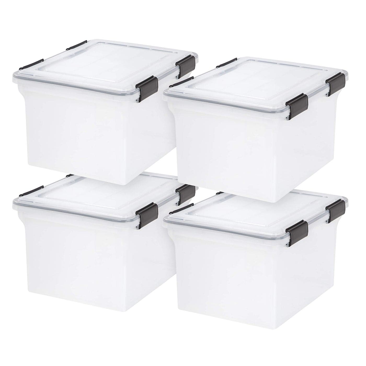 IRIS USA File Box WeatherPro File Organizer Plastic File Box for LetterLegal File Water Resistant Document Box Durable Lid Seal w Secure Latching Buckles Stackable Nestable Clear 32 Qt 4Pack