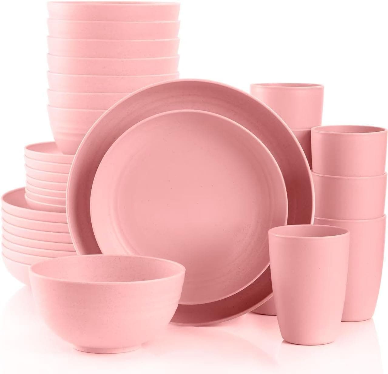 Pink Dinnerware Sets for 8Pink Plates and Bowls Sets PlasticWheat Straw Dinnerware Sets Unbreakable Microwave Safe Lightweight32 Pcs Pink Dishes Set for Kids Elderly Kitchen Adults Outdoor