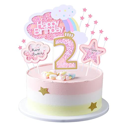 Kawailay Baby Girl 2st Birthday Cake Decoration Set Second Birthday Cake Topper with Rainbow Clouds Stars Cake Picks Two Year Old Cake Topper for Girls Birthday Party Supplies Pink
