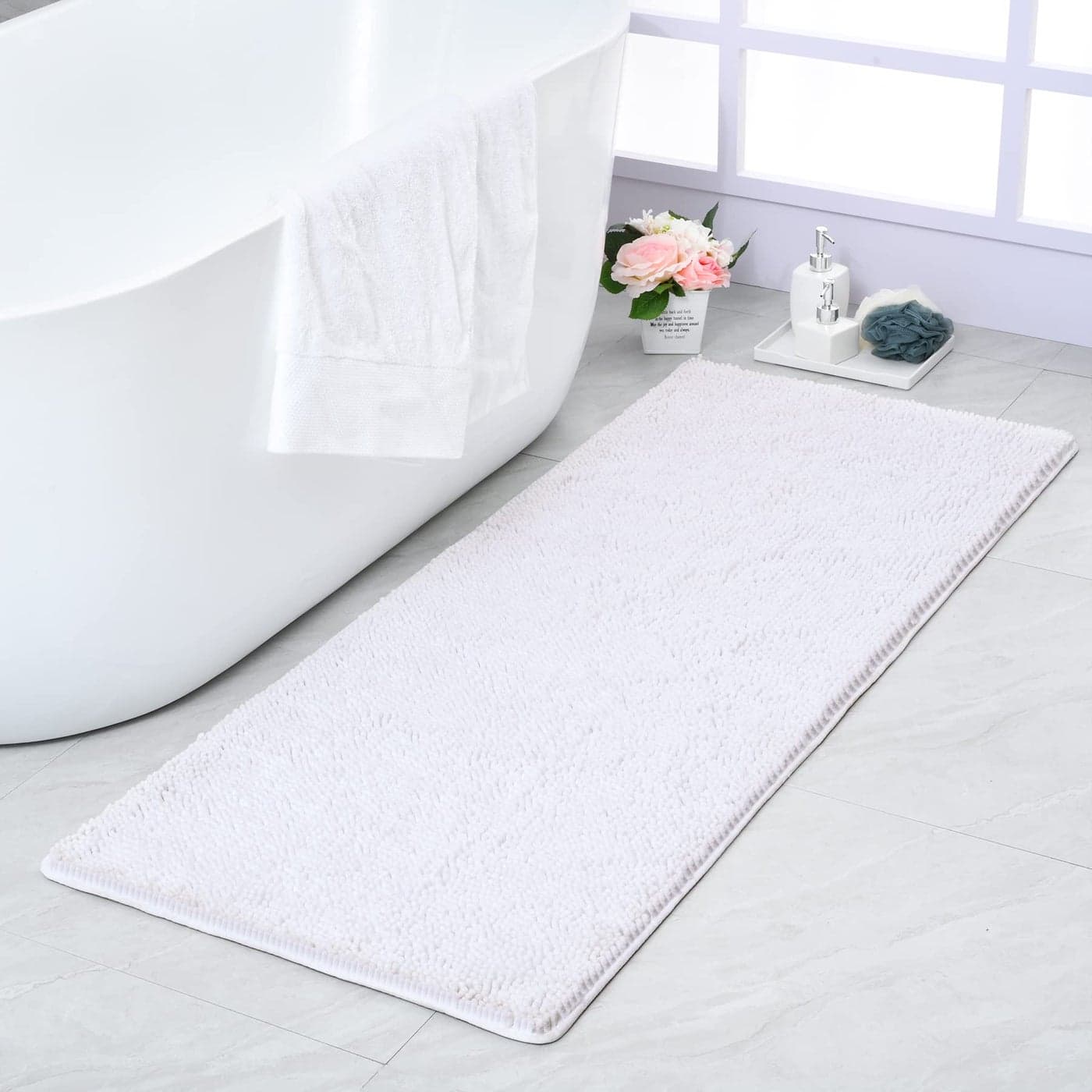 Noahas Bath Rugs 24 x 48 Bathroom Rug Soft Luxury Chenille Bathroom Mats NonSlip and Absorbent Throw Rugs for Bath Tub Plush Microfiber Shower Rug Machine Washable Floor Carpet White