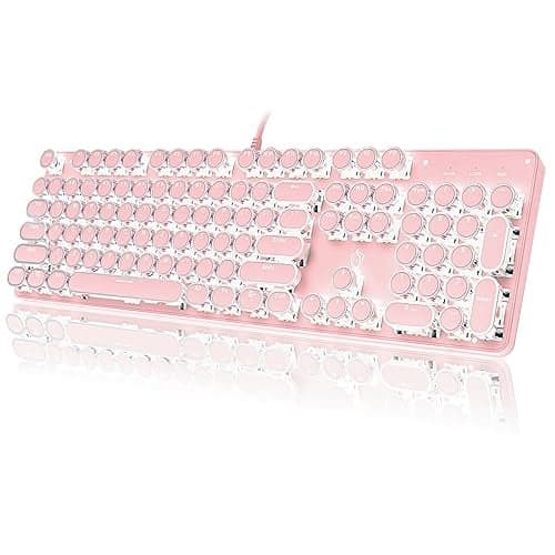YSCP Typewriter Style Mechanical Gaming Keyboard White Backlit Wired with Blue Switch Retro Round Keycap 104 Keys Keyboard Pink