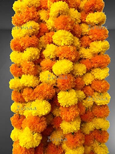 Evisha Artificial Flowers Marigold Garlands Lemon Orange Pack of 10