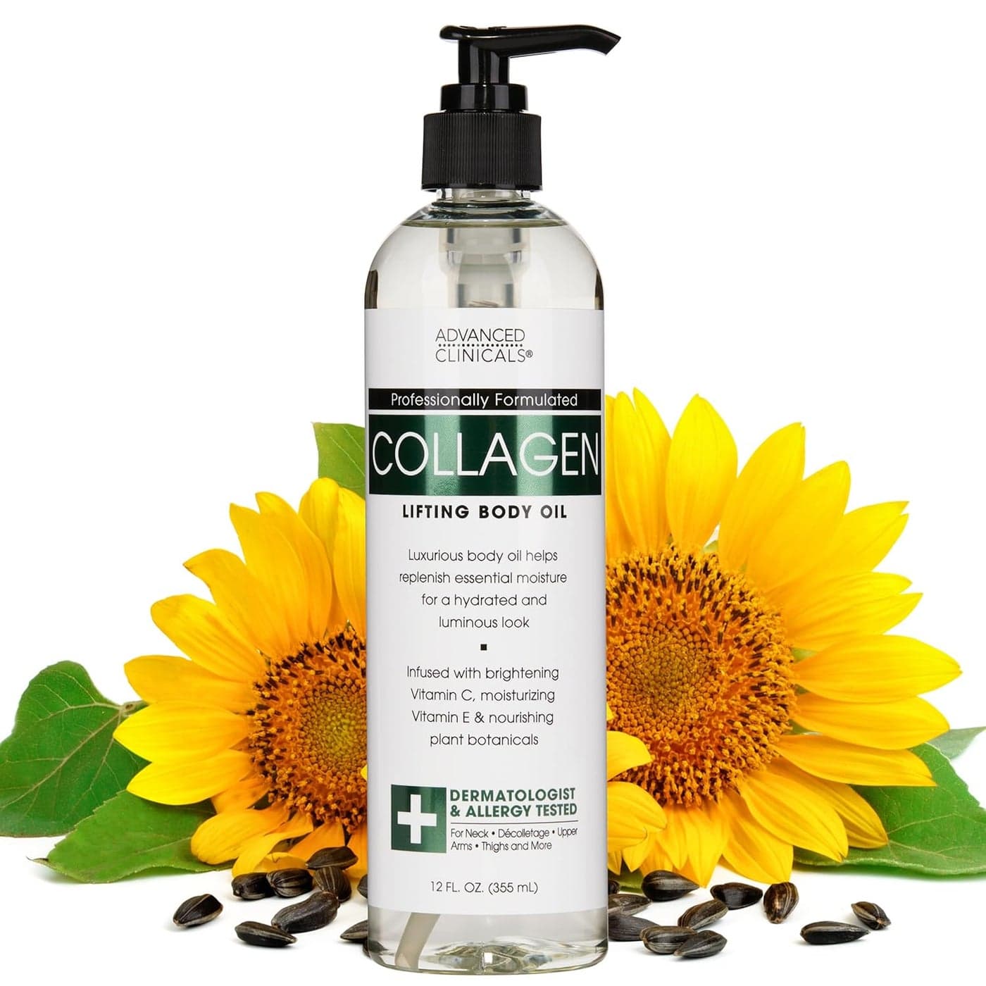 Advanced Clinicals Collagen Body Oil Skin Care Moisturizer WVitamin E Vitamin C Tightening Firming Hydrating Massage Collagen Oil For Wrinkles Crepey Skin Stretch Marks 12 Fl Oz