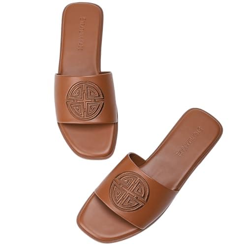 Stratuxx Kaze Womens Flat Sandals Dressy Summer Slide with Memory Foam Comfortable Cute Leather Brown Sandals for Women