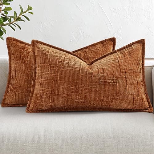 decorUhome Chenille Throw Pillow Covers 12x20 Set of 2, Thick Textured Slubby Neutral Decorative Pillow Covers with Elegant Design for Couch, Sofa, Living Room, Rust