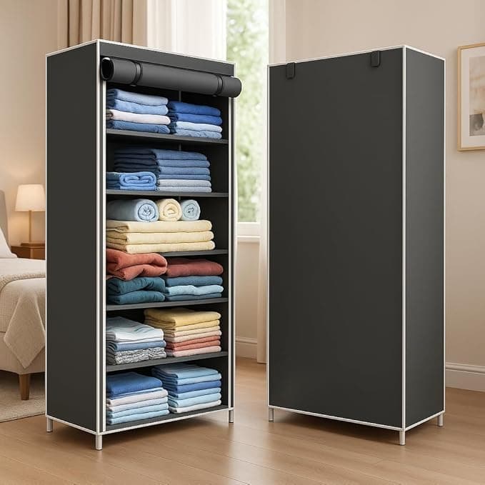 ClearSpace Multipurpose Baby Wardrobe/Cabinet/Multipurpose Storage Rack, Foldable, Collapsible Fabric Wardrobe Organizer for Clothes (Plastic and Non Woven Fabric) (Gray, 6 - Layer)