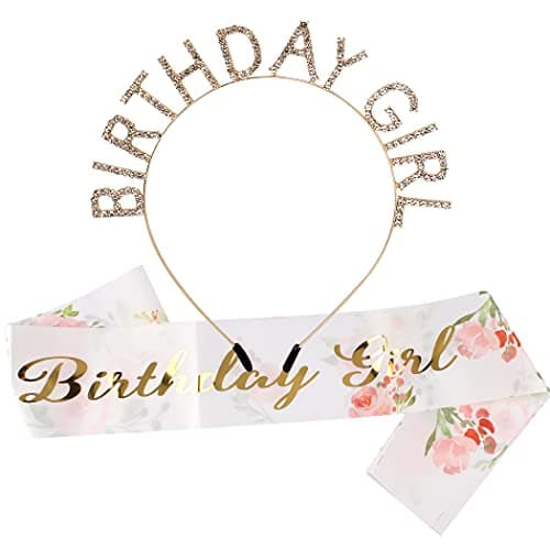 AOPRIE Birthday Girl Crown for Women with Flower Sash Gold Happy Birthday Tiara for Women Headband Princess Crown Rhinestone Accessories