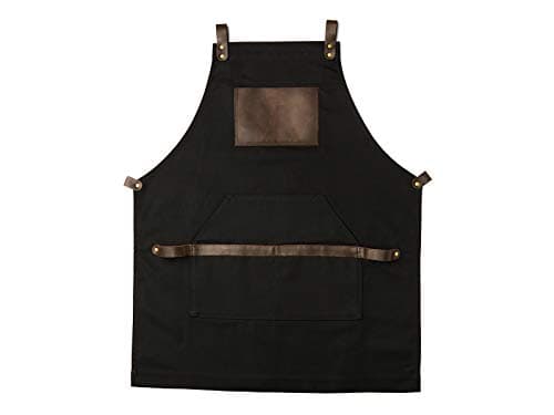 Black Apron in Canvas and Leather for Chef Work Bartender Barista Barber Shop Grill Master olpr. Made in USA