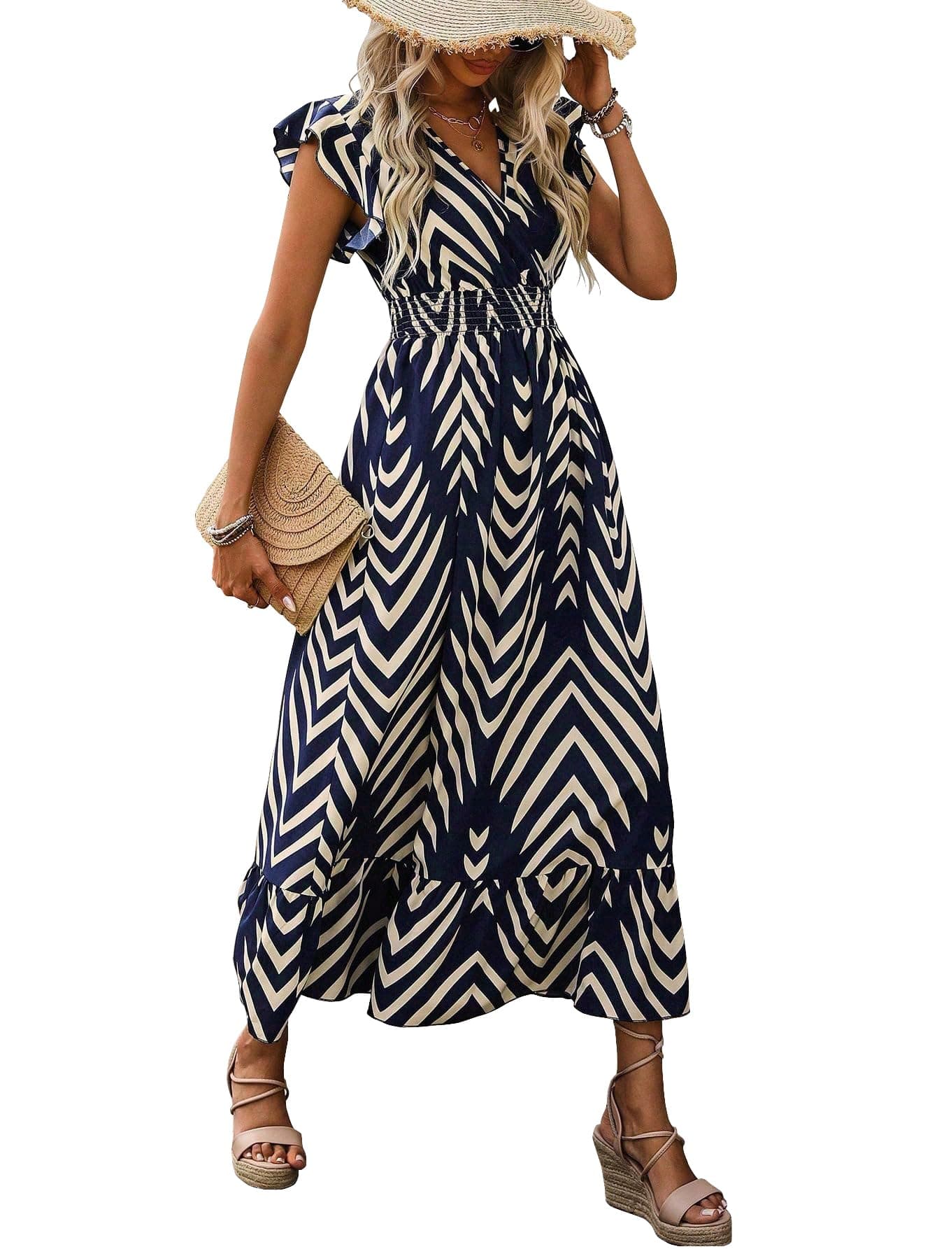 Shasmi Women's & Girl's Navy Blue V-Neck Striped Printed Dress with Ruffled Hem and Belted Waist for Vacation, One Piece Dress for Women's Casual Dress (Dress 140 N Blue-M)