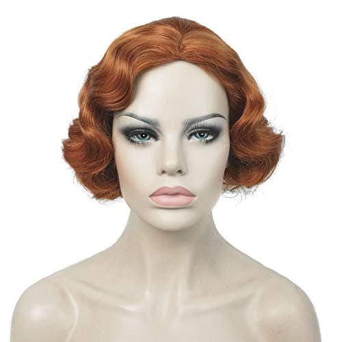 Lydell Vintage Cosplay Party Wig Short Finger Wavy Flapper Hairpiece +Free Wig Cap (130A Copper Red)