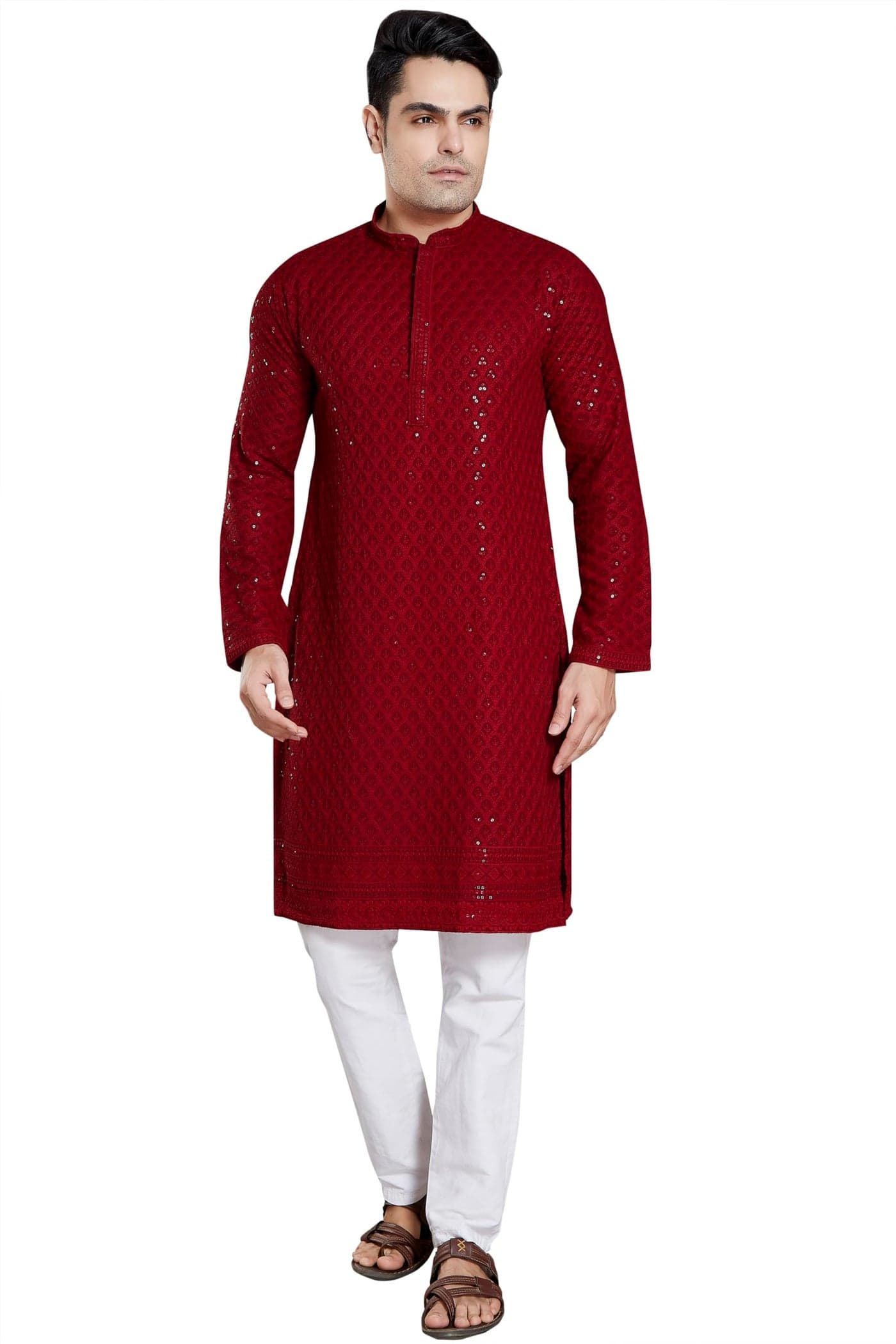 DIVISIVE Men's Sequince Embroidered Cotton Blend Slim Fit Kurta Pyjama Set (DKRT26_XL_Red)