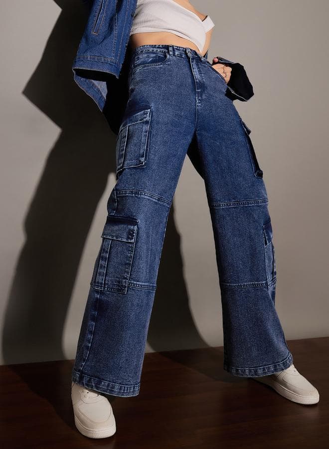 Women Blue Washed Multi Pocket Straight Jeans