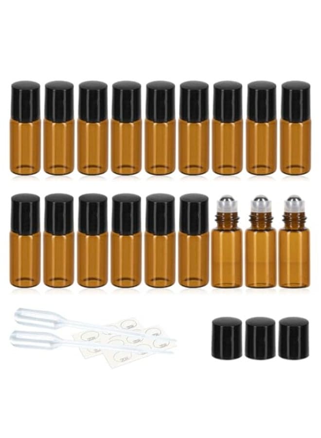 ZEJIA 3ml Roller Bottles 24Pack Amber Thick Glass Essential Oil Bottles with Stainless Steel Roller Ball and 2 Droppers