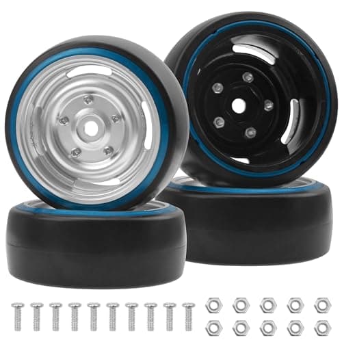 4Pack ShareGoo Hard Plastic 110 RC Drift Car Tires Wheel Rims 12mm Hex Compatible with Traxxas 4Tec 20 HSP Tamiya TT01 TT02 Kyosho RC 110 OnRoad Drift Drifting RC Car Blue