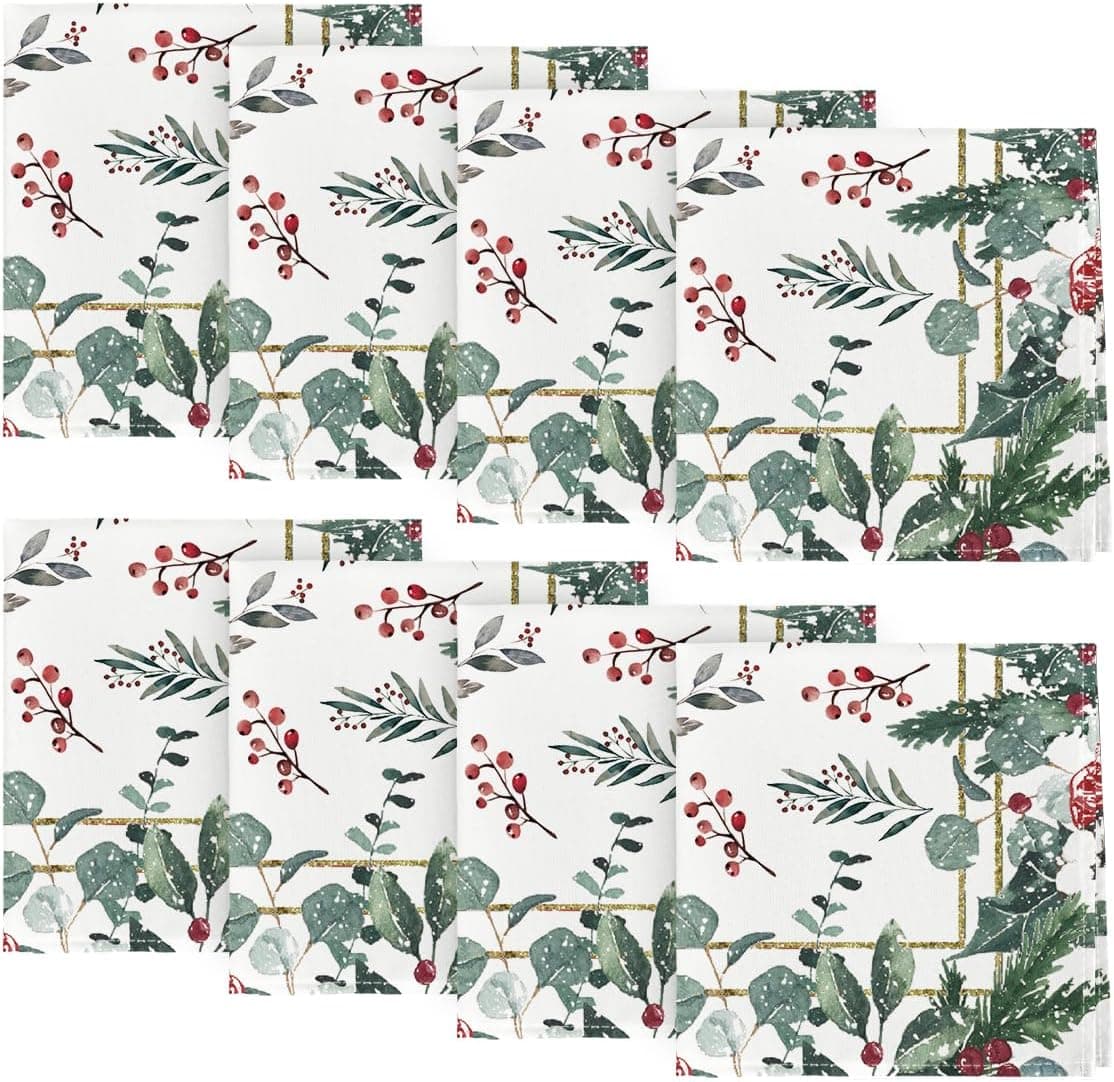 Horaldaily Christmas Cloth Napkins 18 x 18 Inch Christmas Snow and Leaves Party Dinner Decoration Washable Napkins Set of 8