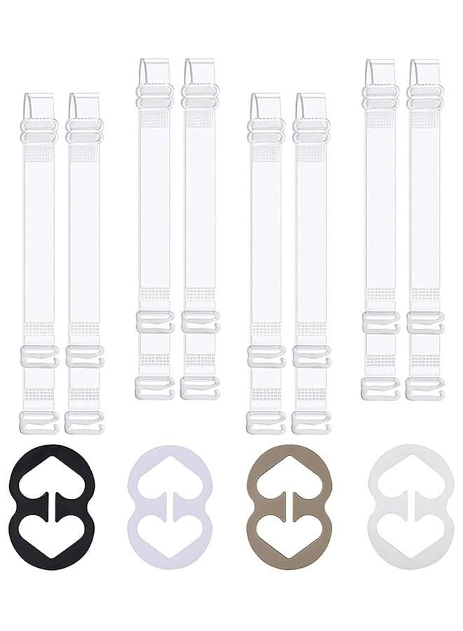 4 Pairs + 4 Pcs Clear Invisible Adjustable Transparent Bra Straps with Strap Clips, Bra Clips to Make Racerback