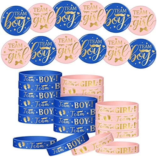 Syhood 48 Pcs Gender Reveal Party Favors Supplies Pink Blue Button Pins Silicone Wristbands for Gender Reveal Ideas Party Supplies DecorationsNavy Blue PinkFootprint