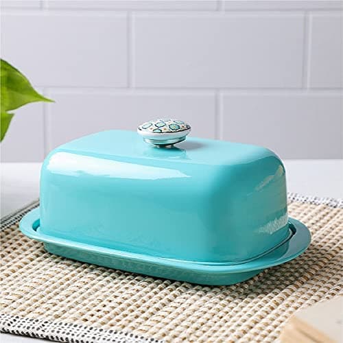 Anantam Homes Butter Dish Storage Box Organizer Container With Ceramic Knob Design Beautiful Lid Stainless Steel Butter Box Dispenser Holder Keeps Your Butter Soft Enhances Your Kitchen Décor, Aqua (500 Gram)