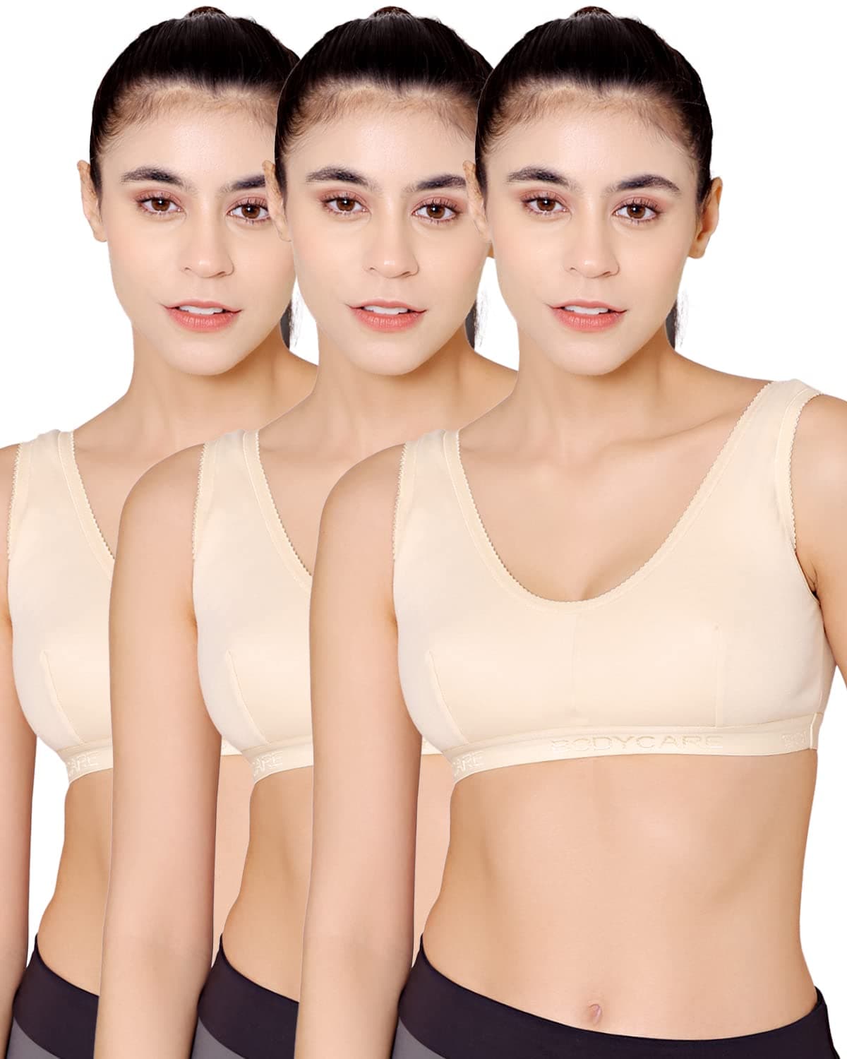 Bodycare Women's Spandex And Cotton Non Padded Wire Free Sports Bra Beige