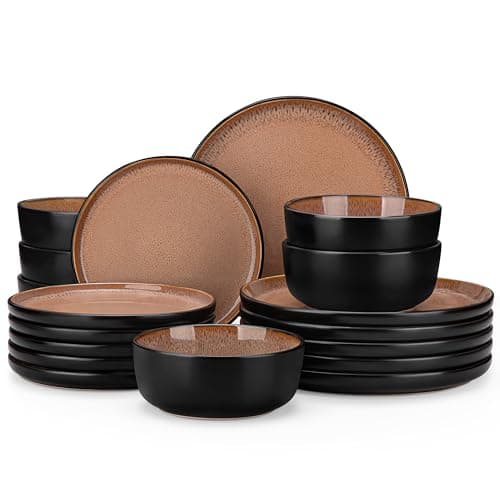 vancasso Plates and Bowls Sets, 18 Pieces Stoneware Dinnerware Sets for 6, Kitchen Dish Set Mircowave and Dishwasher Safe Ceramic Dishware, Dark Brown, Series AMBER