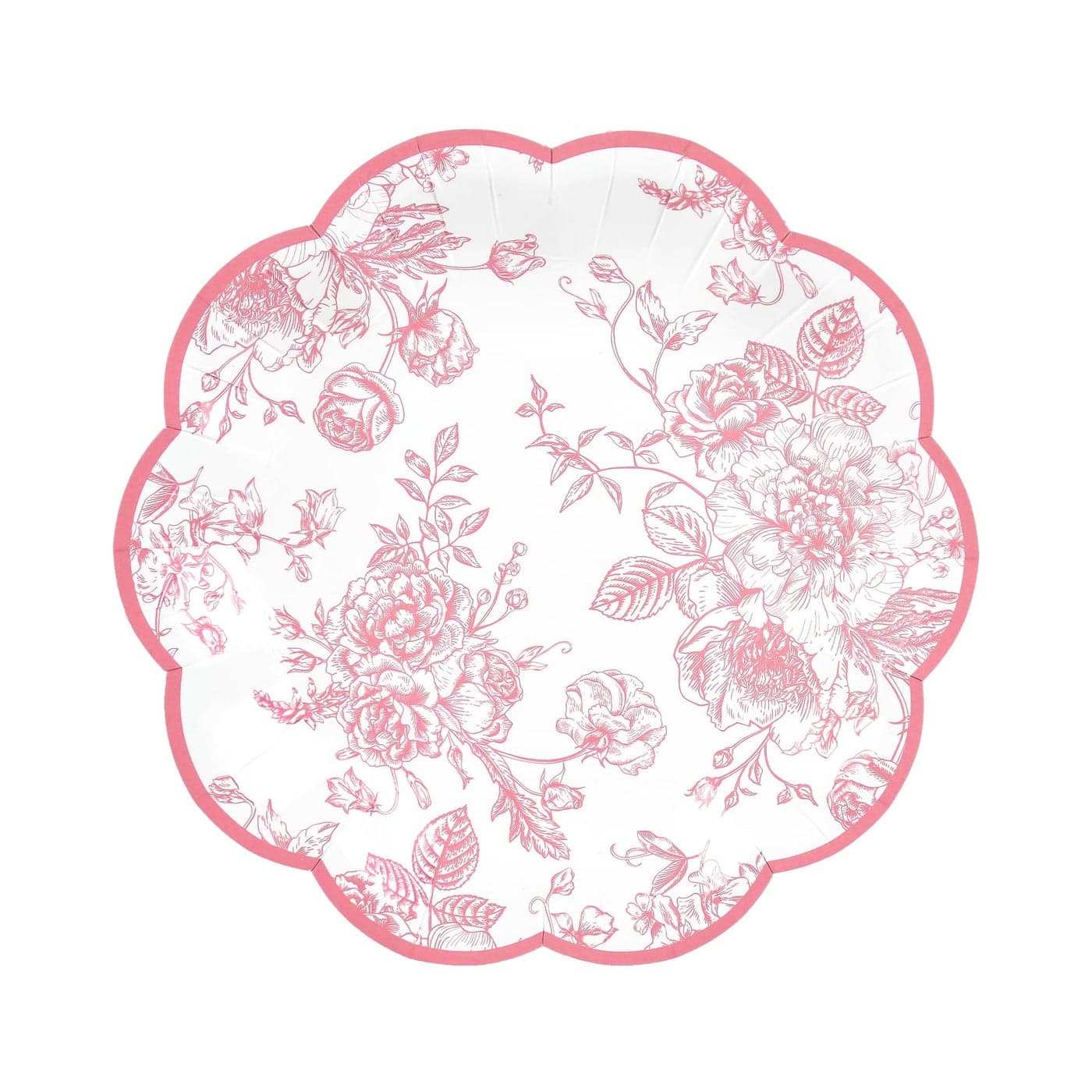 Elyxio Pink Floral Party Plates Vintage Floral Leaf Disposable Paper Plates Wildflower Pink Toile 7 Scalloped Rim Dessert Plates for Valentines Birthday Bridal Tea Party Supplies 24