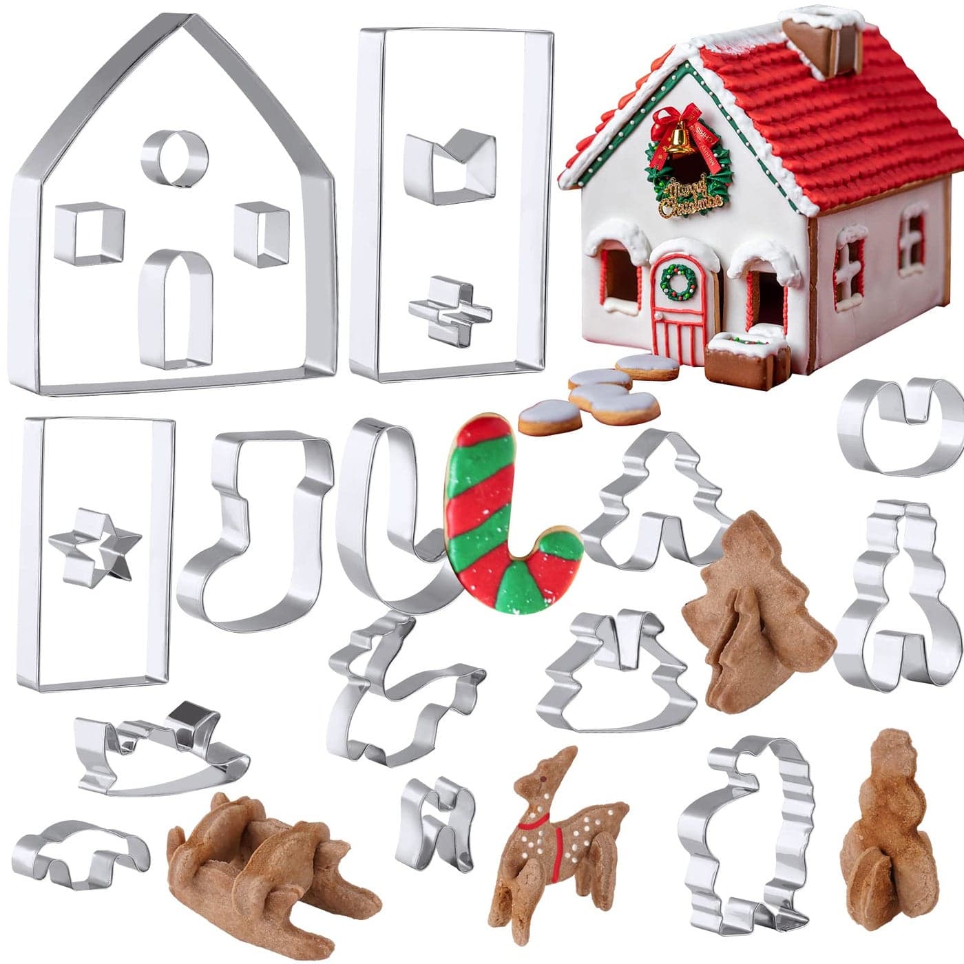 NiHome 21PCS 3D Gingerbread House Christmas Scenery Stainless Steel Cookie Cutter Set for Kids Santa Claus Stocking Candy Cane Christmas Tree Elk Snowman Molds for Kitchen Baking