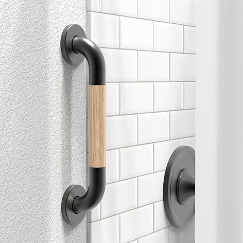 AquaChase Safety Grab Bar for Bathroom Toilet Natural Bamboo Handle ADA Compliant Balance Assist Handrail for Handicap and Seniors 12in Matte Black