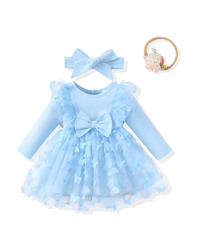 Renotemy Newborn Baby Girl Tulle Tutu Dress Blue Butterfly Fall Winter Boho Fairy Baptism Princess Wedding Birthday Party Dresses for Baby Girls with Flower Headband 0-3 Months