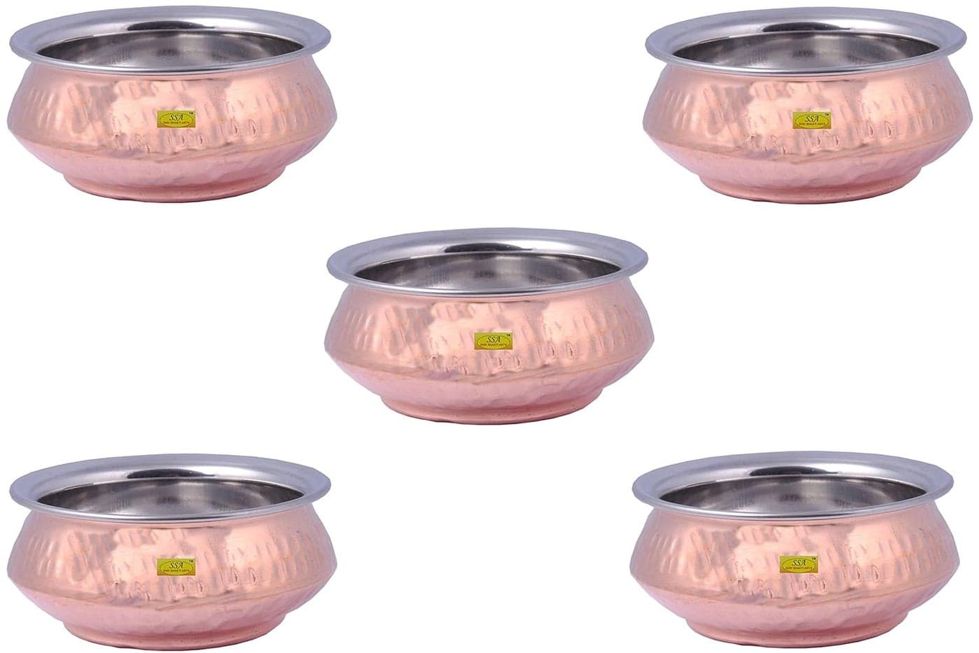 SHIV SHAKTI ARTS Handmade Pure Set of 5 Steel Copper Handi No 1 Volume350 ml Mughlai Design Hammered Design Curved Shape Homeware Hotelware DinnerwareFor Serving Curry Dal Bhaji Sabji Purpose