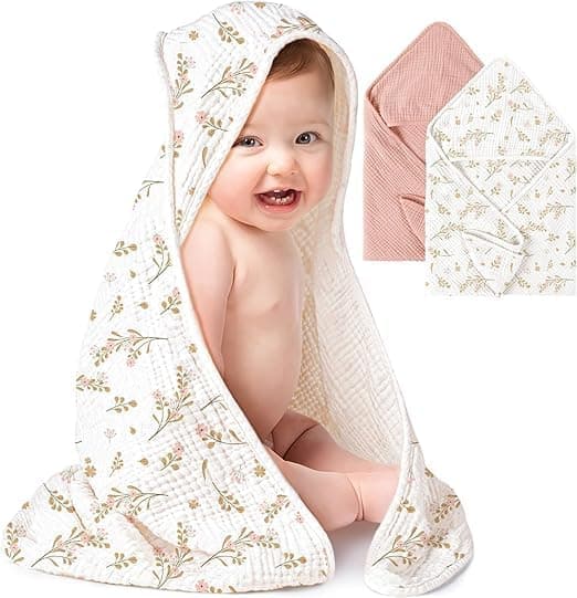 Konssy 2-Pack Muslin Hooded Baby Towels, 100% Cotton, Ultra-Soft & Absorbent Baby Bath Towels with Hood for Newborn & Infant (Pink, Floral,30" x 30")